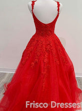 Red Tulle Lace A Line Semi Formal Prom Evening Dresses Appliques Long Semi Formal Prom Dresses